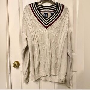 GAP Cream Cable Knit V-Neck Sweater with Navy & Burgundy Trim